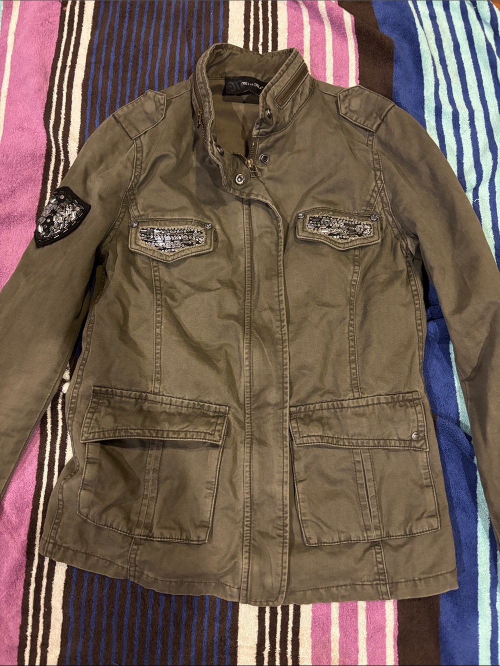 Miss Me Olive Green Utility Jacket with Sequin Pocket Trim